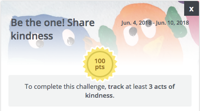 illustrated birds with 100 points medal, "to complete this challenge, track at least 3 acts of kindness"