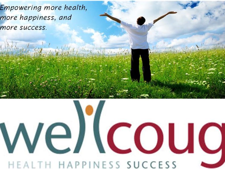 WellCoug logo and a green field with a person with their arms spread open.