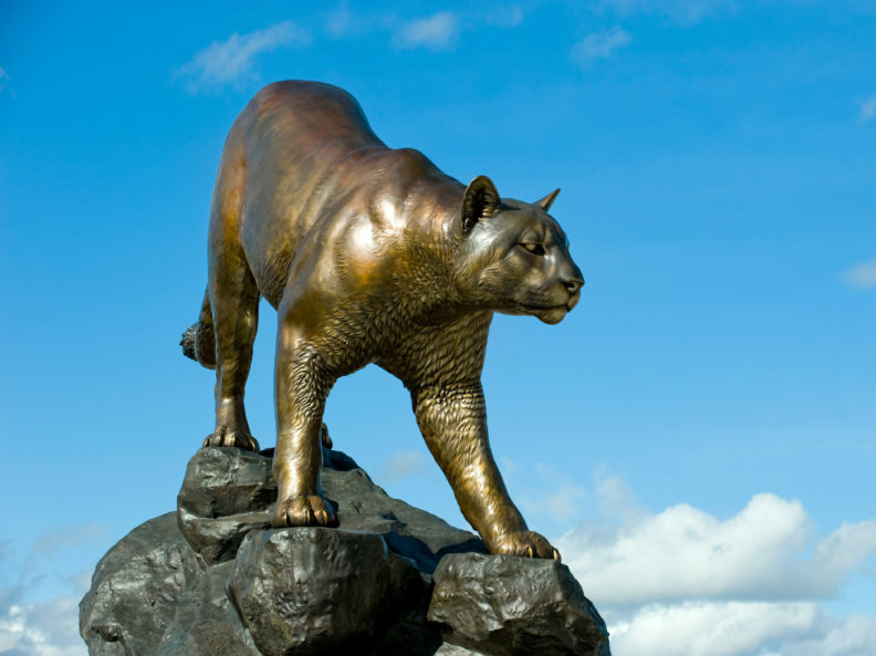 A statue of a cougar standing on a pile of rocks against a blue sky.
