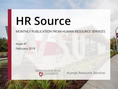 The WSU visitor center with a text overlay the says HR Source monthly publication from human resource services.