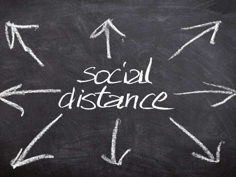 A chalkboard with the words "Social distance" and arrows pointing away.