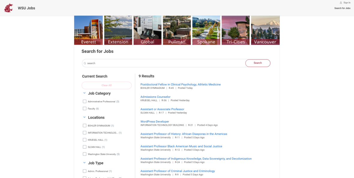 Screenshot of the WSU Jobs page highlighting the search filters.