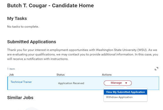 Screenshot of the WSU Jobs withdraw application menu.