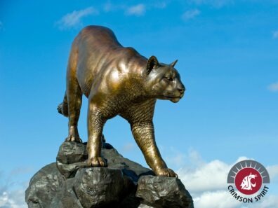 A statue of a cougar with the Crimson Spirit logo.