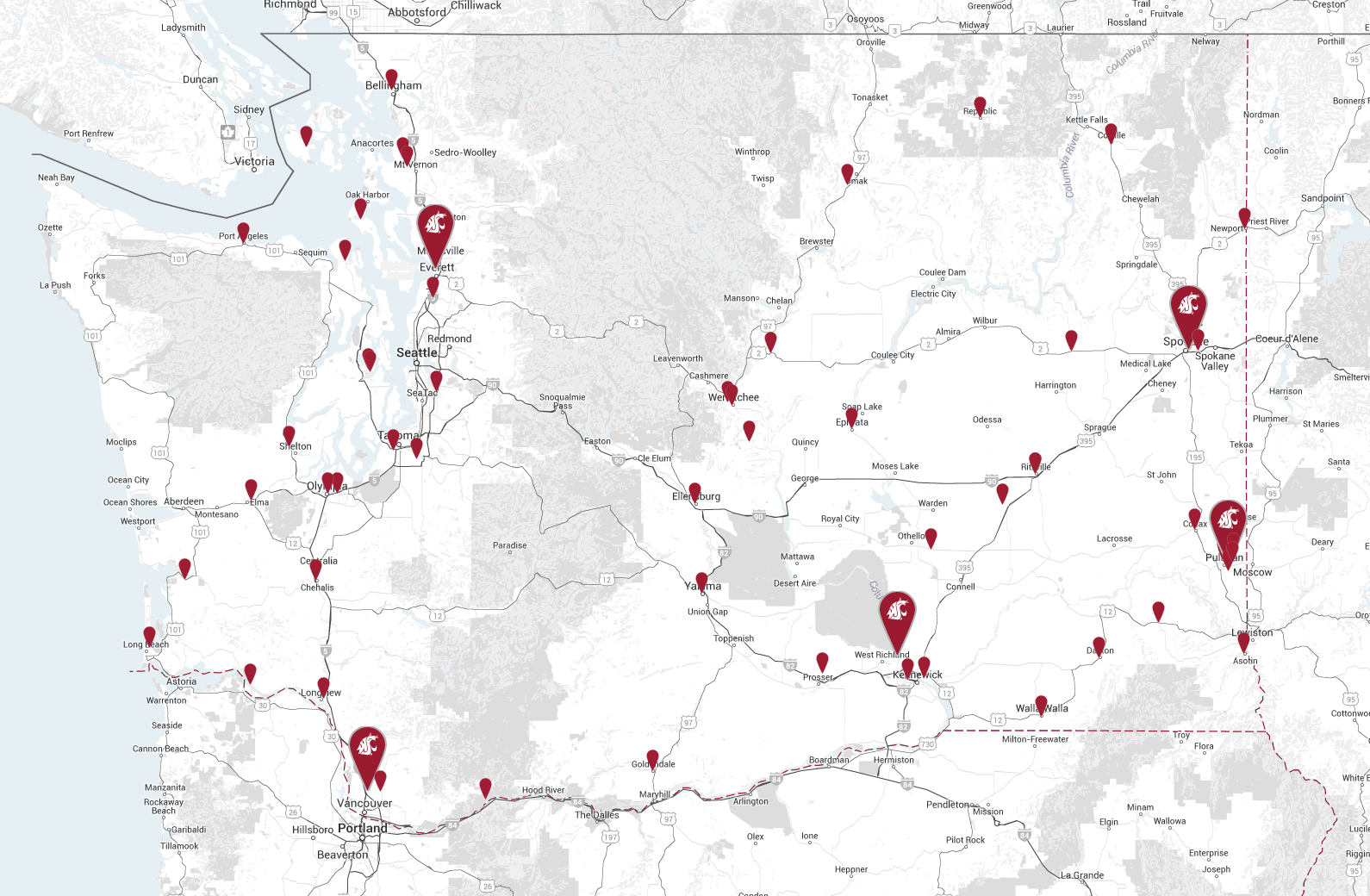 A map of Washington State showing icons indicating WSU locations all over the state.