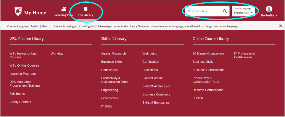 Skillsoft main navigation menu with The Library and the search functions highlighted.