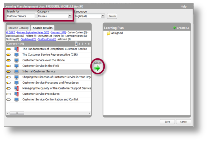 Skillsoft window showing assigning a course to a learning plan.