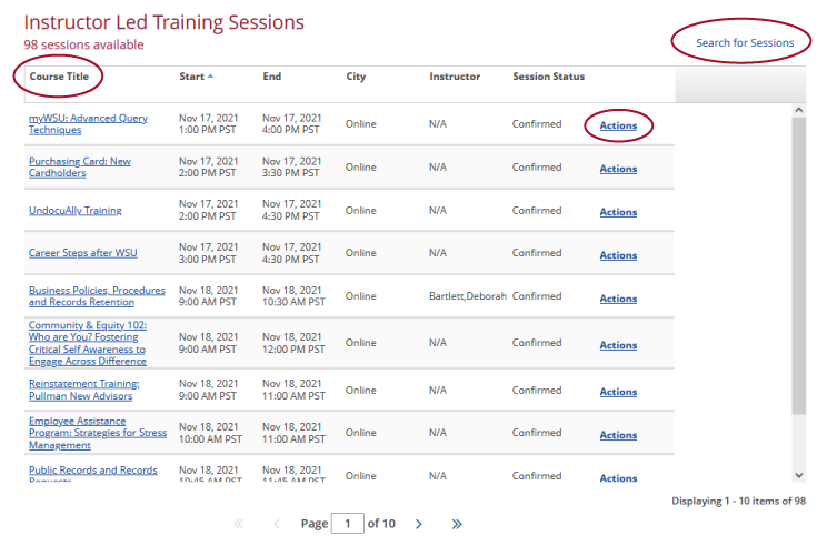 Skillsoft ILT sessions search results.