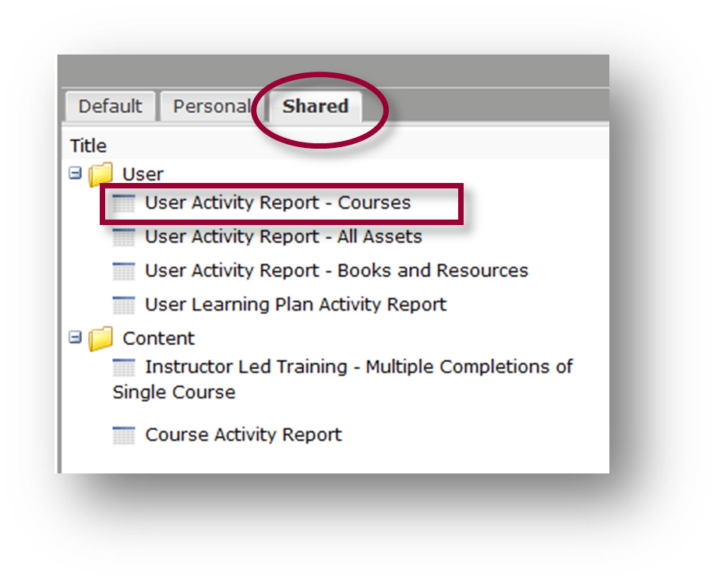 Skillsoft window with the User Activity Report - Courses report selected.