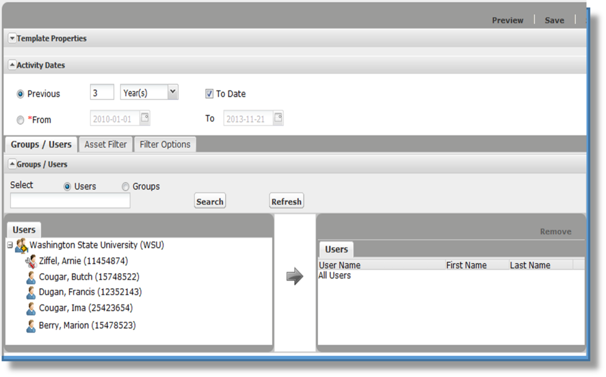 Skillsoft window showing the edit report template options with groups and users selected.