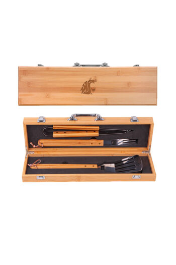 This BBQ grill set includes a spatula, a fork, and tongs, all expertly crafted from durable, sustainably grown, anti-microbial bamboo and stainless steel.