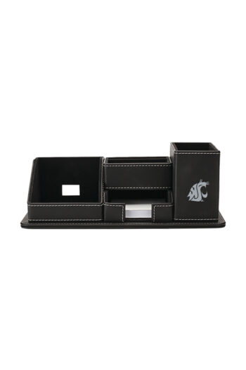 This executive desk includes a pen holder, 2 paper clip/accessory compartments, and a 100-page memo pad. It also includes a 3.5" wide spot for your phone with an integrated cut out to run your charging cord through.