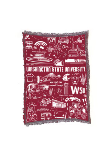 Made of 100% cotton dyed yarn, this USA-made blanket contains a fun WSU theme to proudly show your Cougar pride, system wide! Dimensions: 36” x 50.”