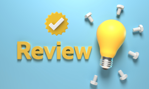 The word "Review" superimposed on a blue background, next to a yellow lightbulb.