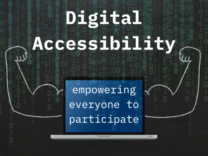 Laptop with muscular arms. Digital code in the background. Text on the laptop says empowering everyone to participate.