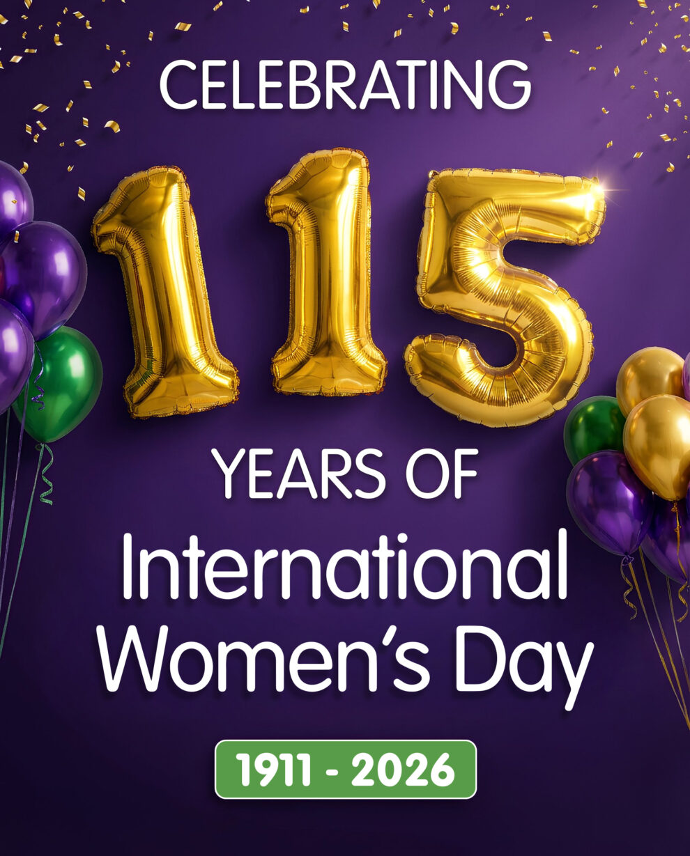 International Women's Day 115 year celebration. Purple background, with purple and green balloons. Gold 115 balloon numbers