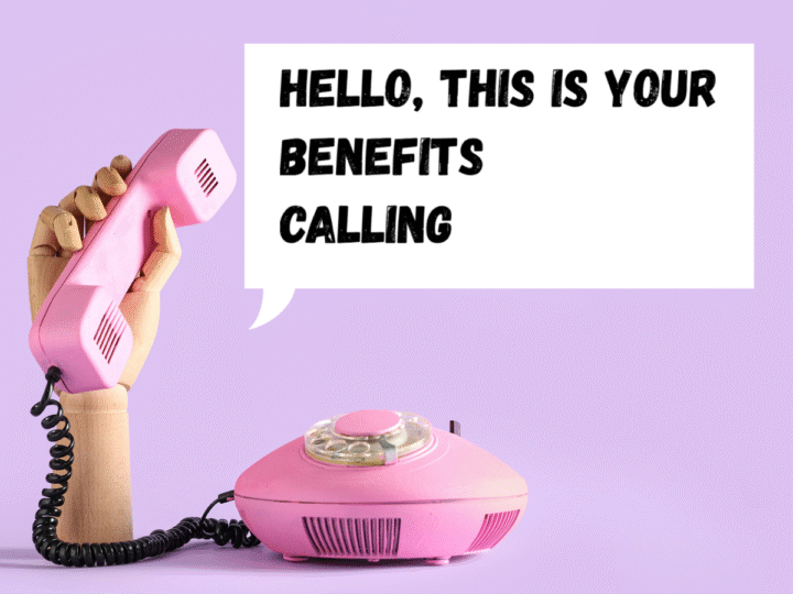 purple background with pink phone. Receiver held by manikin hand. Caption: Hello this is your benefits calling"