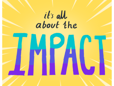 Yellow sunburst background with text overlay: It's all about the impact.