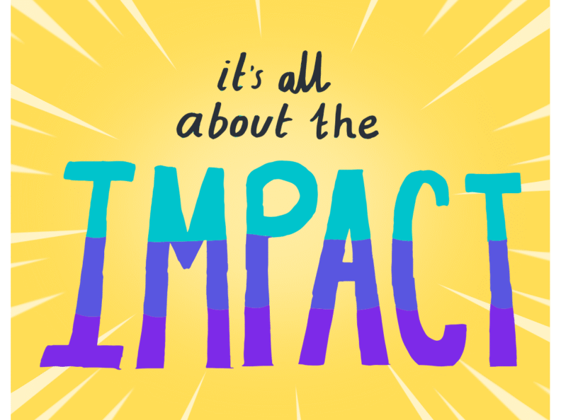 Yellow sunburst background with text overlay: It's all about the impact.