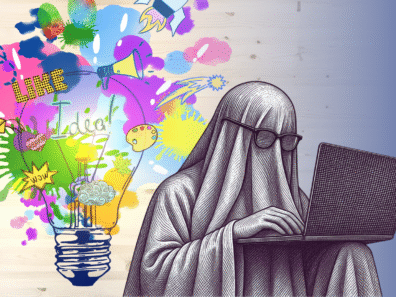A black and white sketch of a person dressed as a ghost sitting in front of a laptop with a vibrant colorful light bulb in the background.